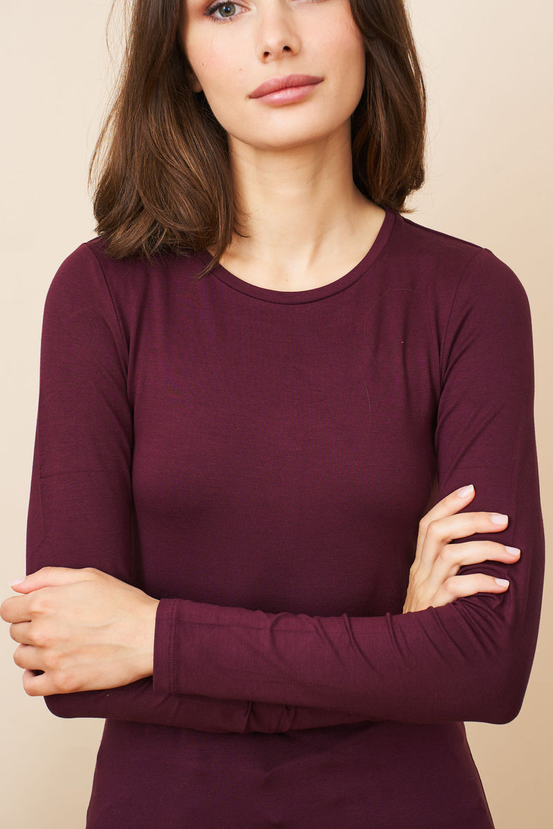 Majestic Long Sleeve Soft Touch Viscose Crewneck in Prune