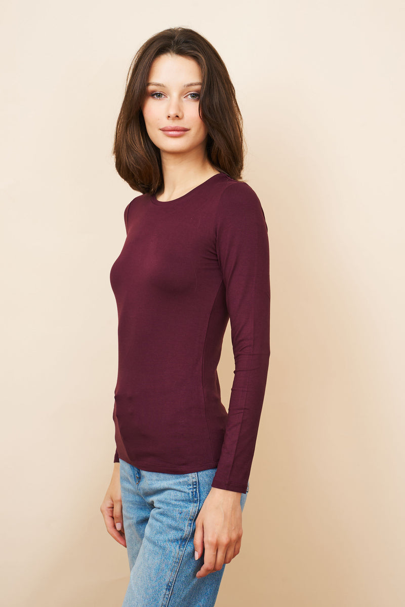 Majestic Long Sleeve Soft Touch Viscose Crewneck in Prune