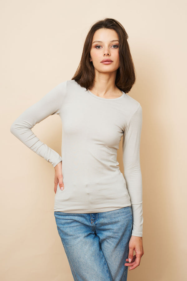 Majestic Long Sleeve Soft Touch Viscose Crewneck in Greige