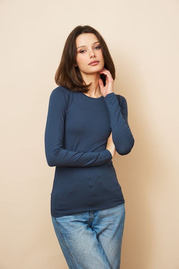 Majestic Long Sleeve Soft Touch Viscose Crewneck in Encre