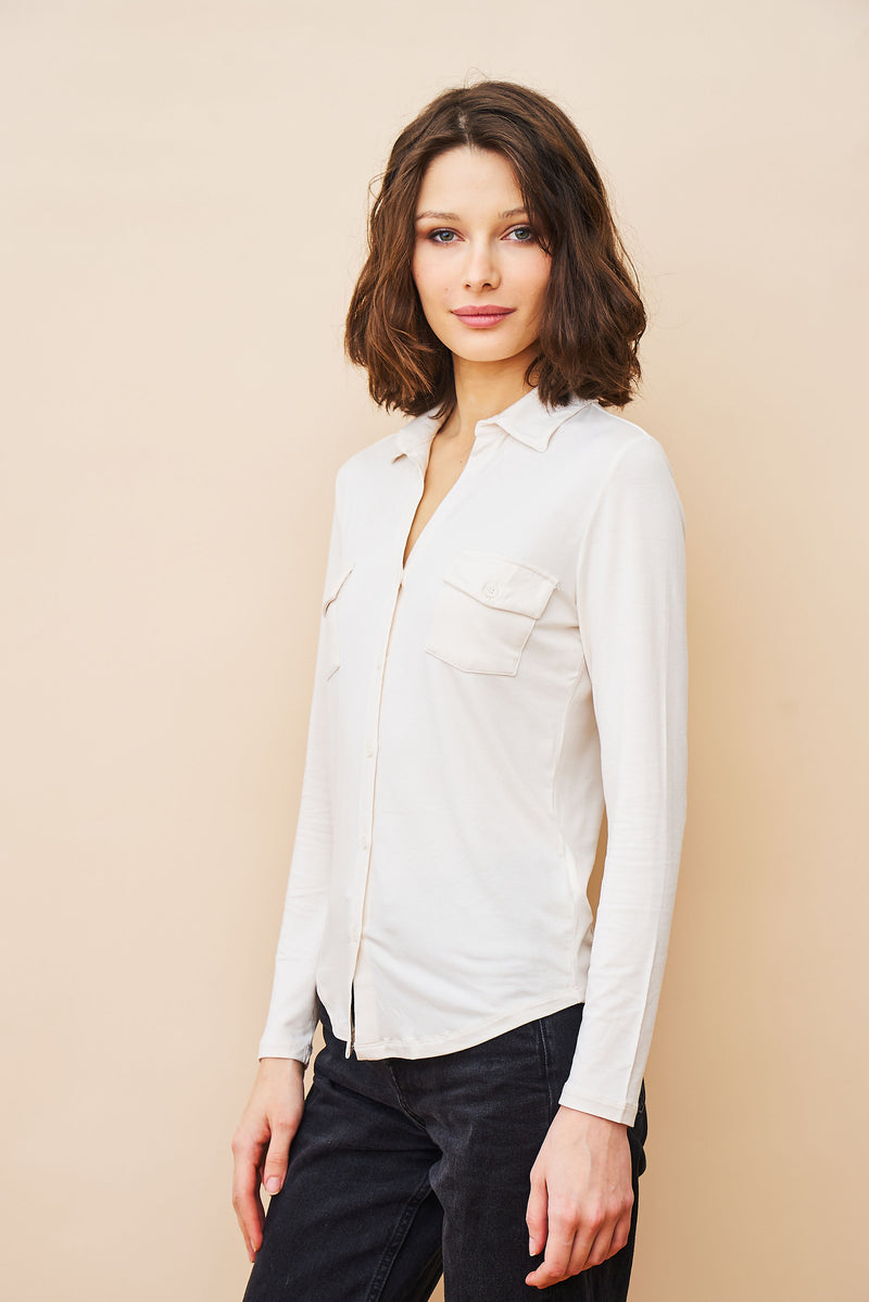 Majestic Soft Touch Long Sleeve Button front Pocket Shirt in Cream