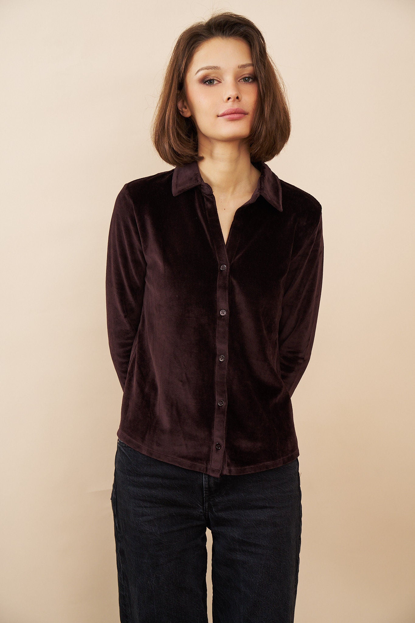 Velour Long Sleeve Button Down in Aubergine