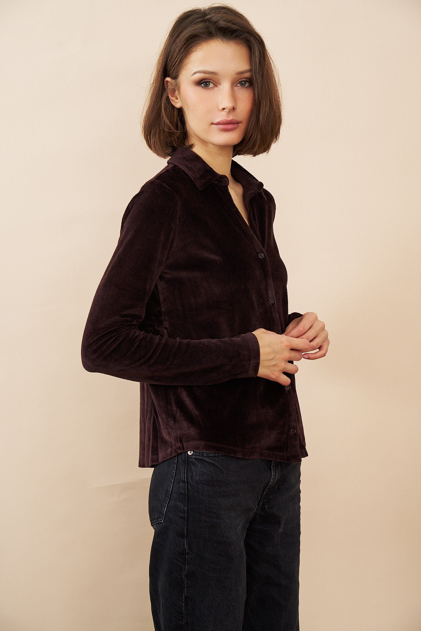 Velour Long Sleeve Button Down in Aubergine