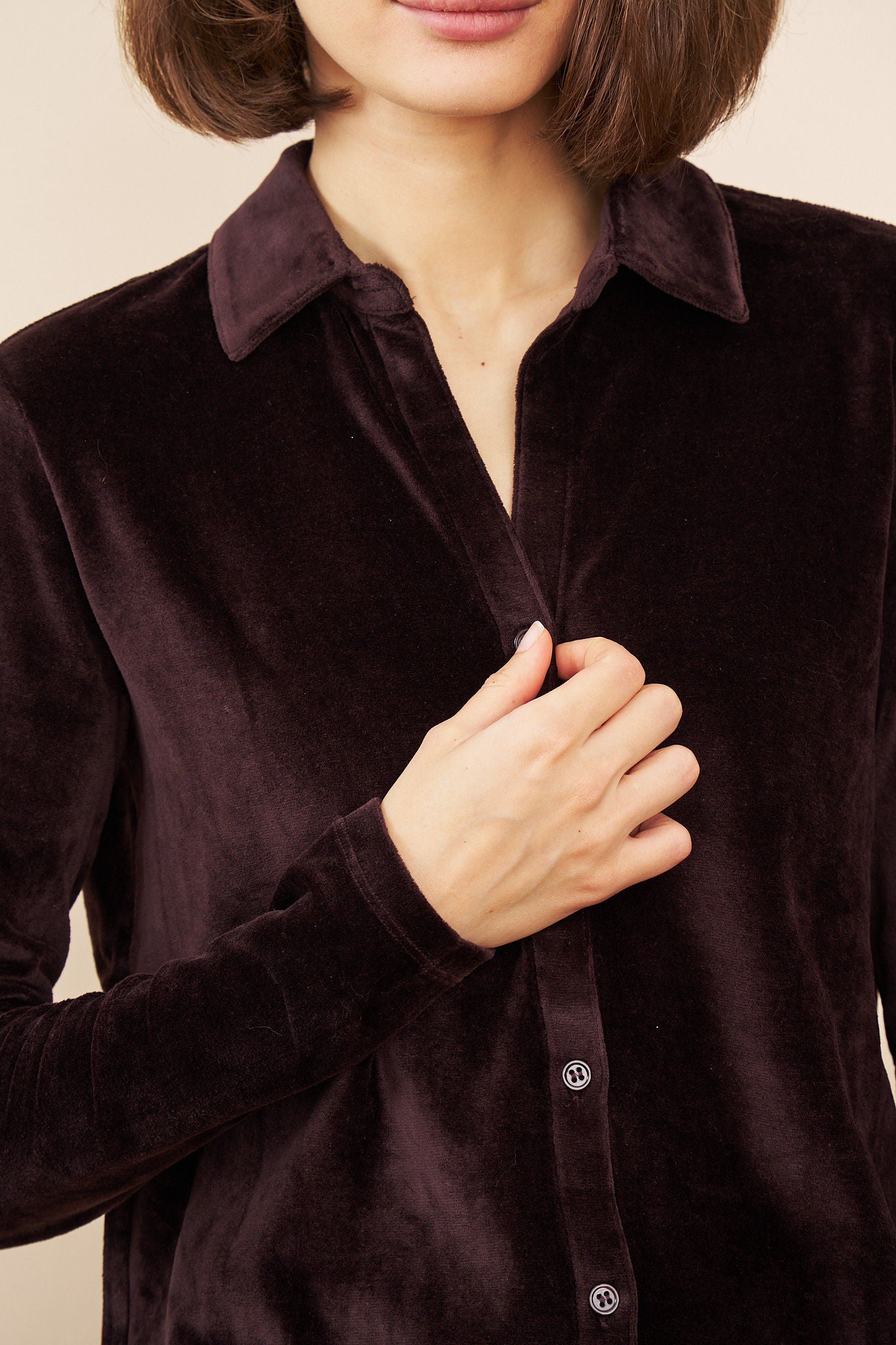 Velour Long Sleeve Button Down in Aubergine
