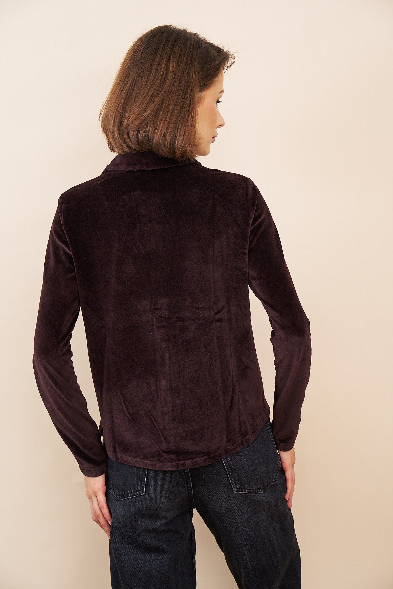 Velour Long Sleeve Button Down in Aubergine