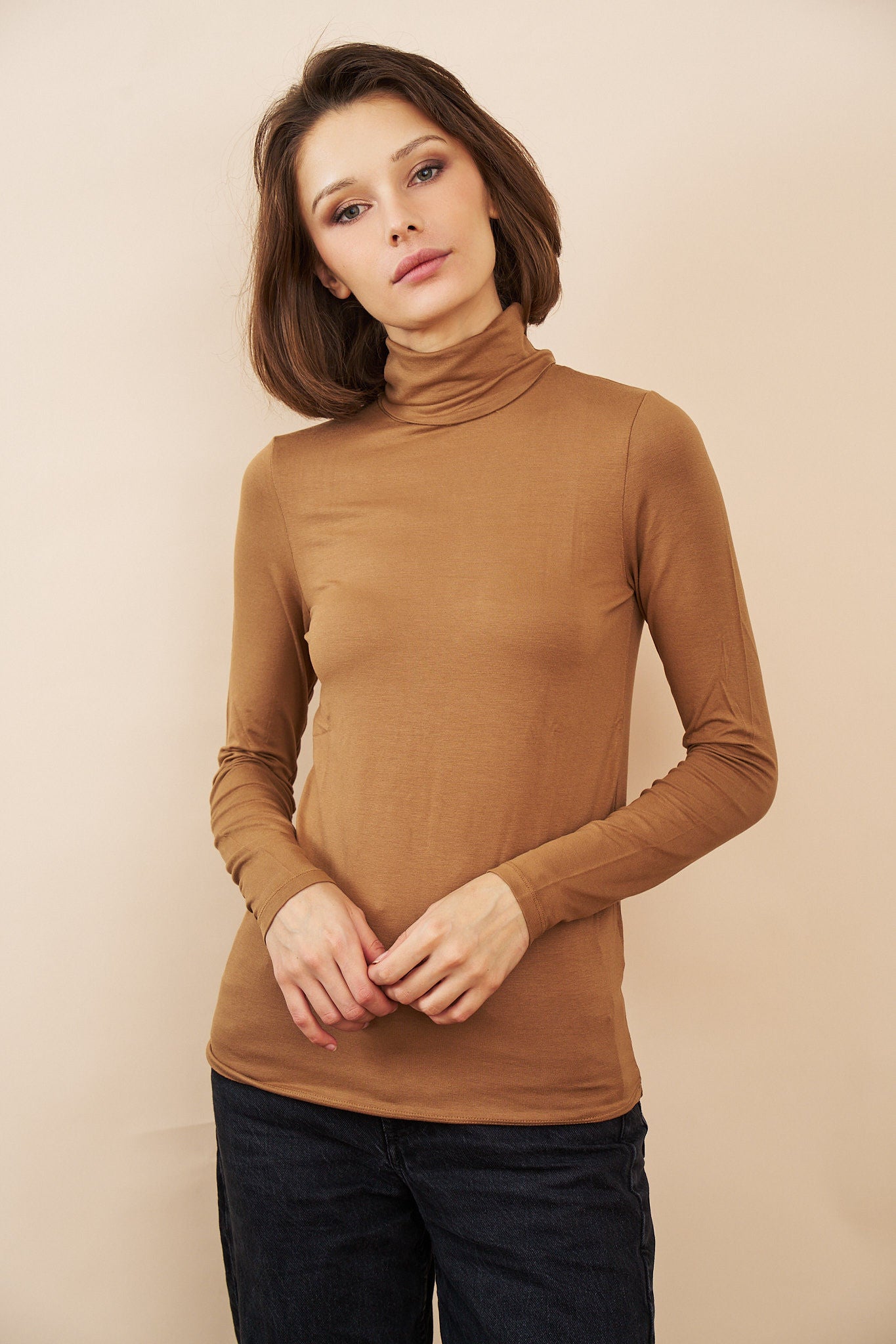 Majestic Soft Touch Long Sleeve Turtleneck in Camel