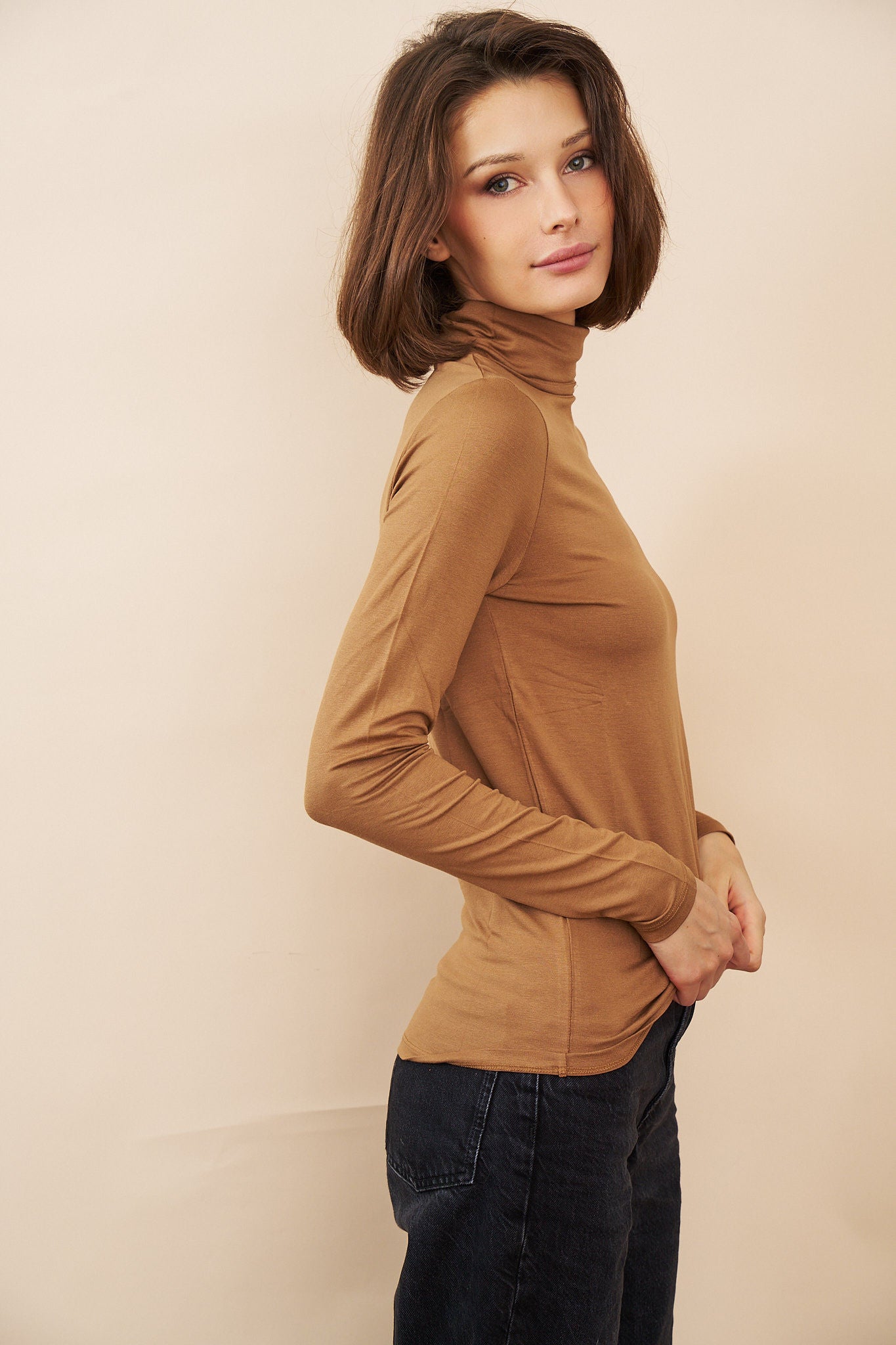 Majestic Soft Touch Long Sleeve Turtleneck in Camel