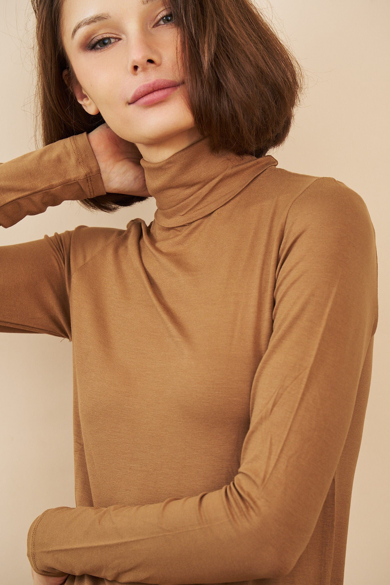 Majestic Soft Touch Long Sleeve Turtleneck in Camel