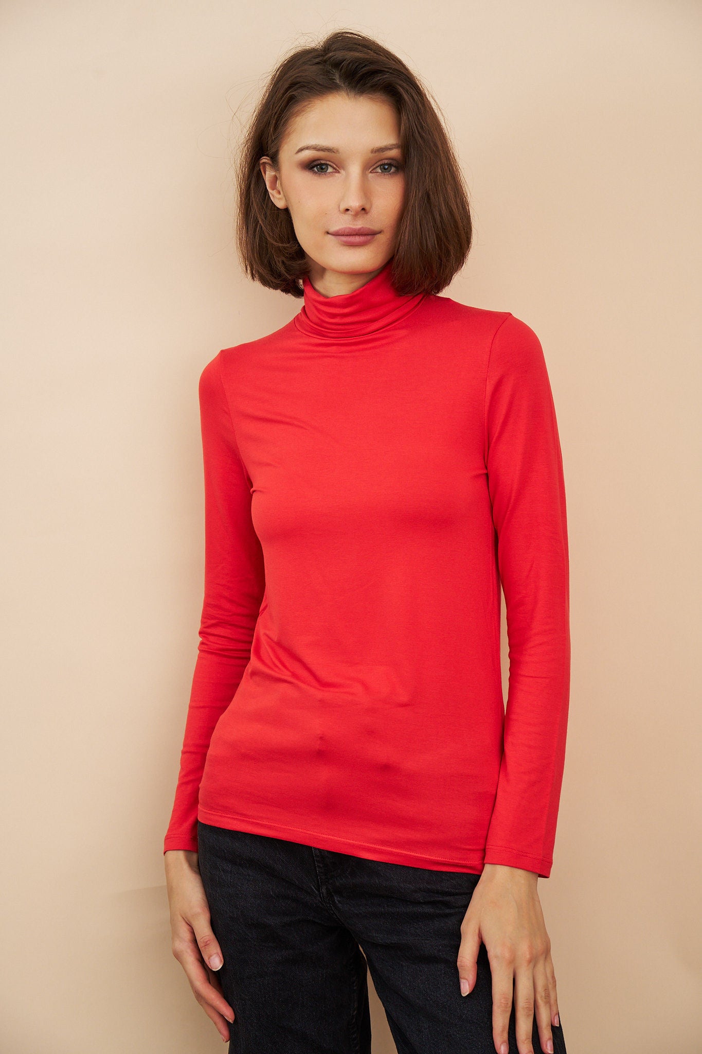 Majestic Soft Touch Long Sleeve Turtleneck in Carmin