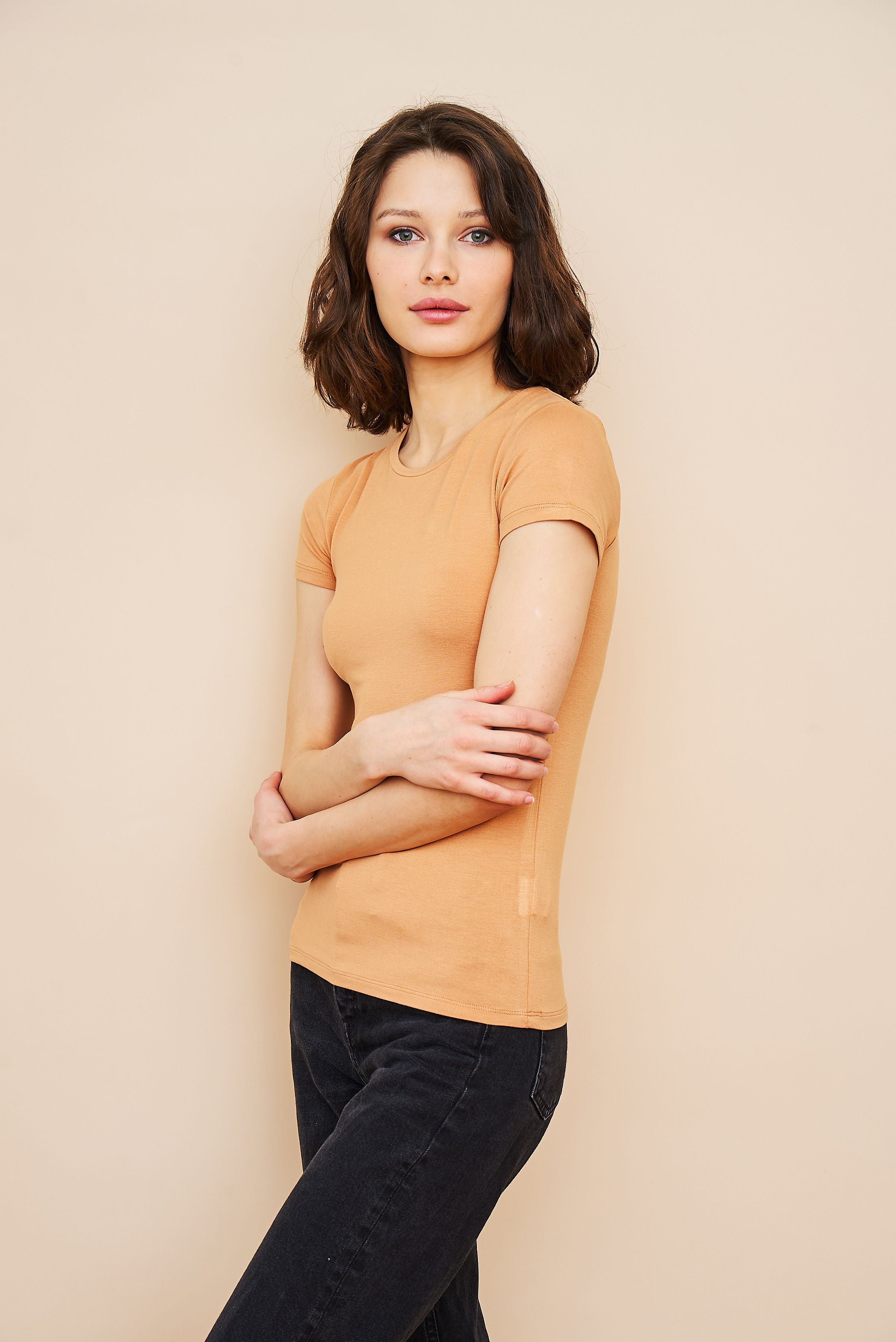 Majestic Soft Touch Short Sleeve Crewneck in Peche