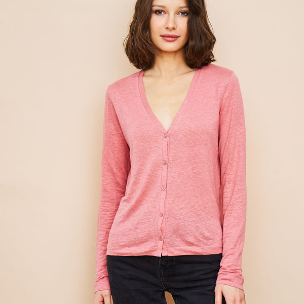 Stretch Linen V-Neck Cardigan in Bouton De Rose