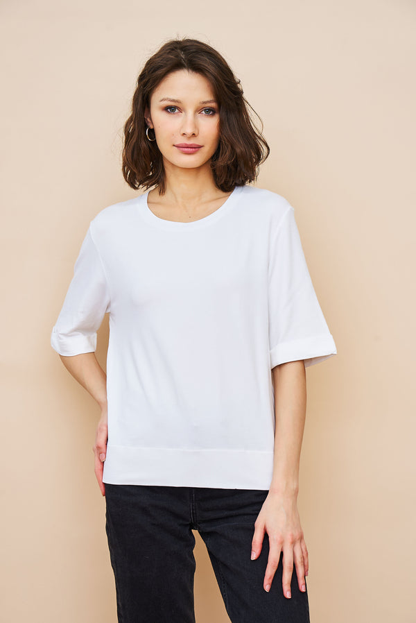 French Terry Semi Relaxed Elbow Sleeve Pullover in Blanc
