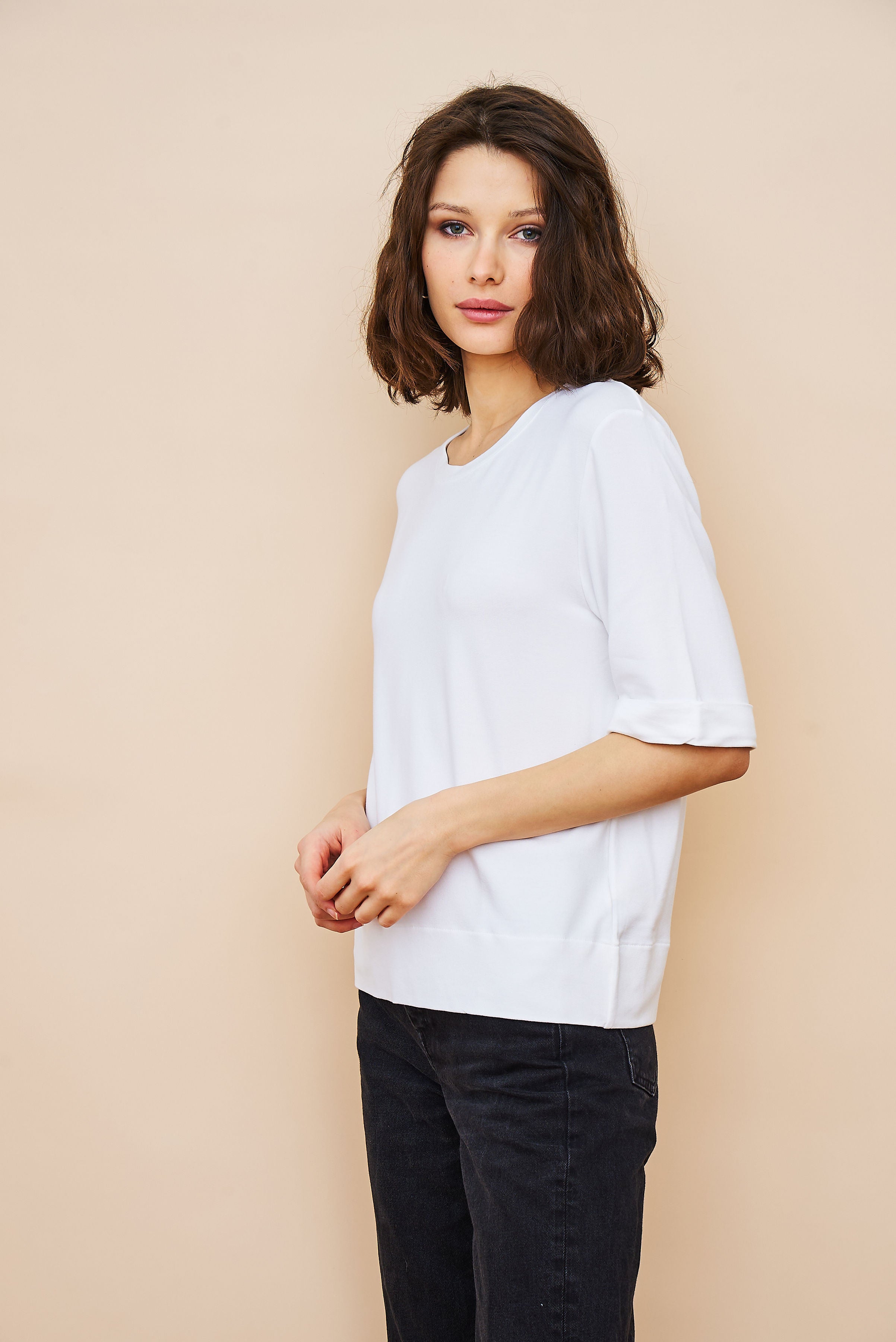 French Terry Semi Relaxed Elbow Sleeve Pullover in Blanc