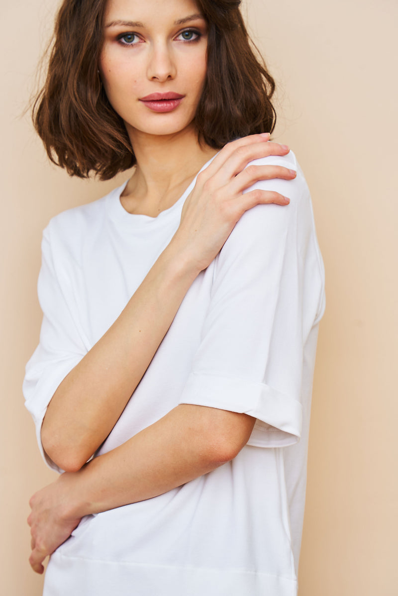 French Terry Semi Relaxed Elbow Sleeve Pullover in Blanc