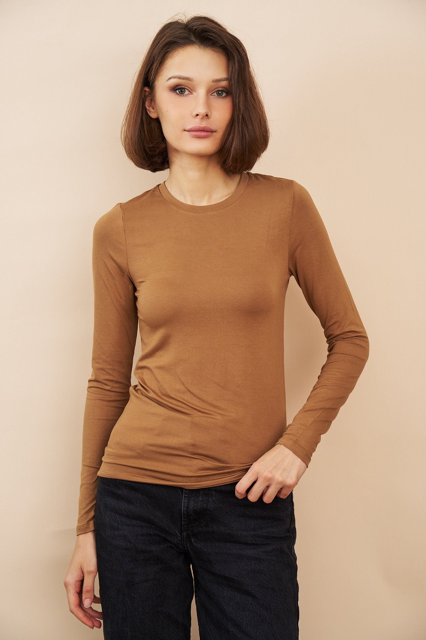 Majestic Long Sleeve Soft Touch Viscose Crewneck in Camel