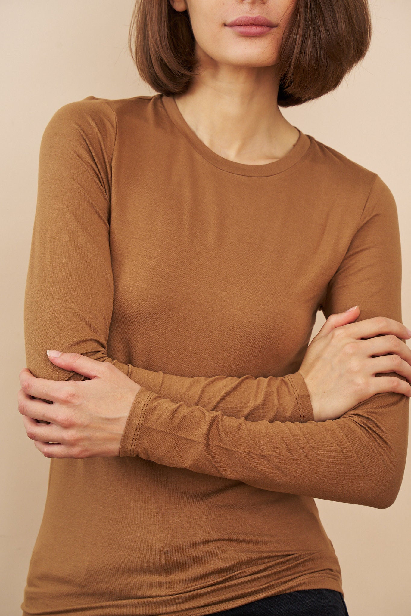 Majestic Long Sleeve Soft Touch Viscose Crewneck in Camel
