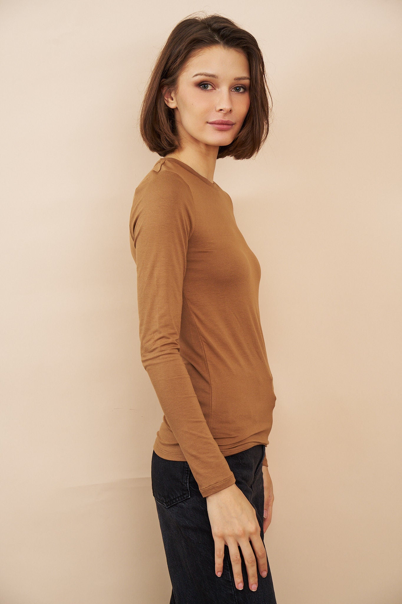 Majestic Long Sleeve Soft Touch Viscose Crewneck in Camel
