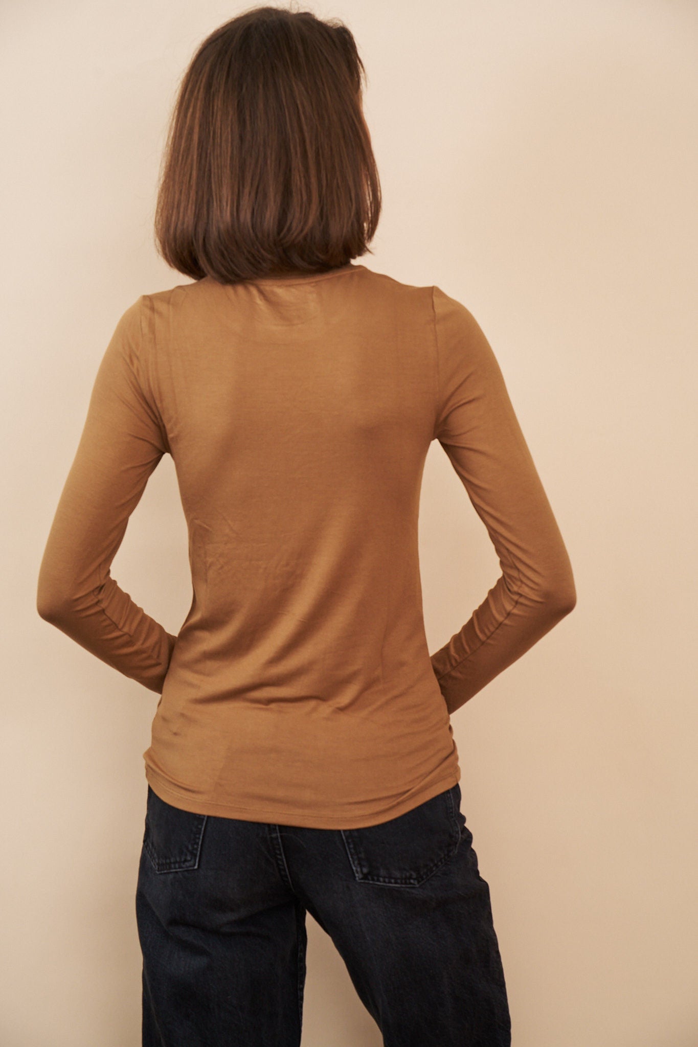 Majestic Long Sleeve Soft Touch Viscose Crewneck in Camel