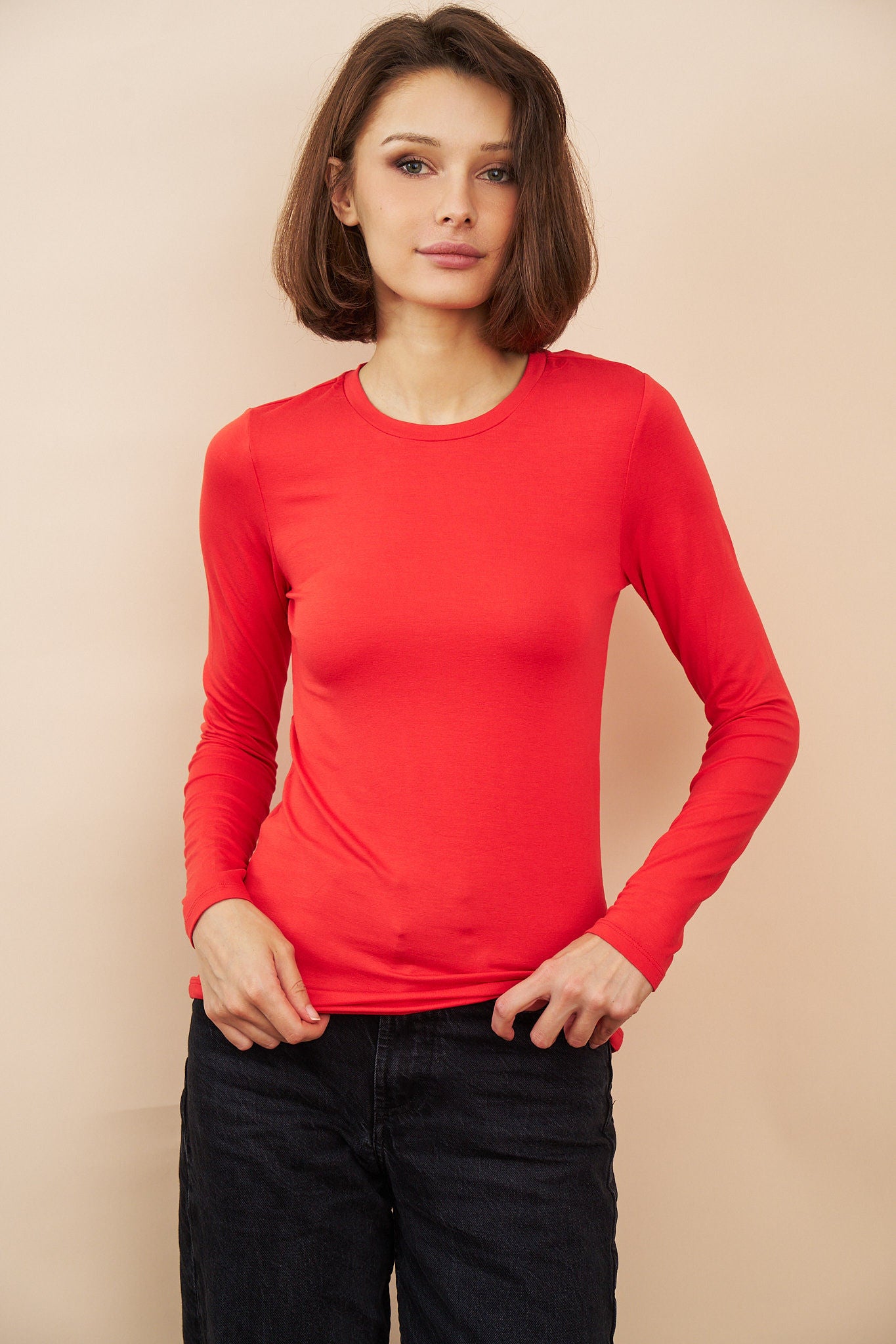 Majestic Long Sleeve Soft Touch Viscose Crewneck in Carmin