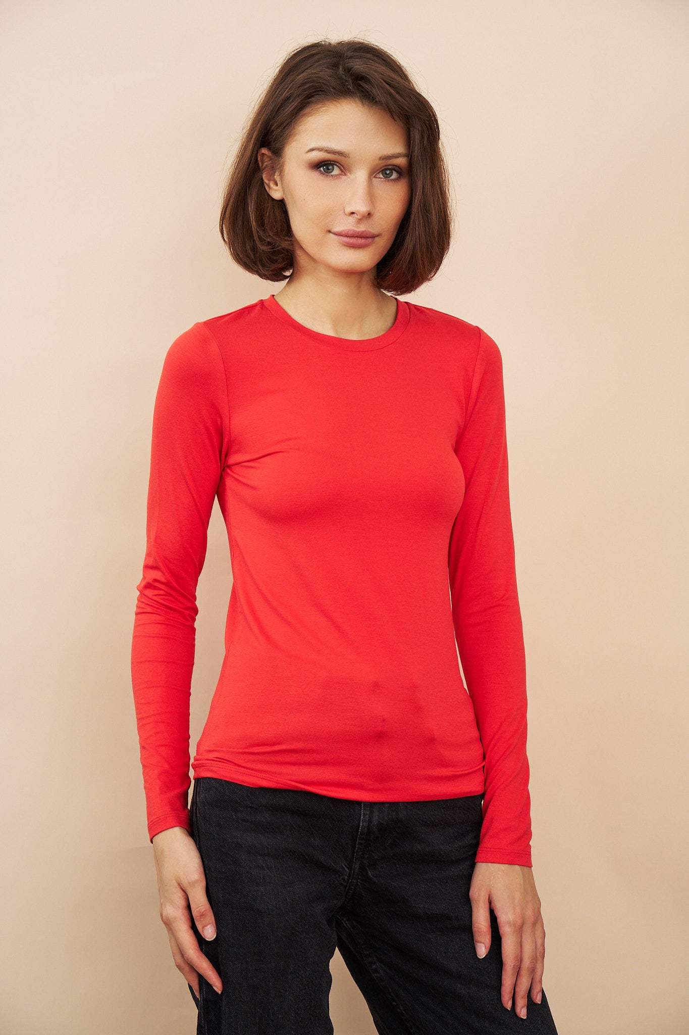 Majestic Long Sleeve Soft Touch Viscose Crewneck in Carmin