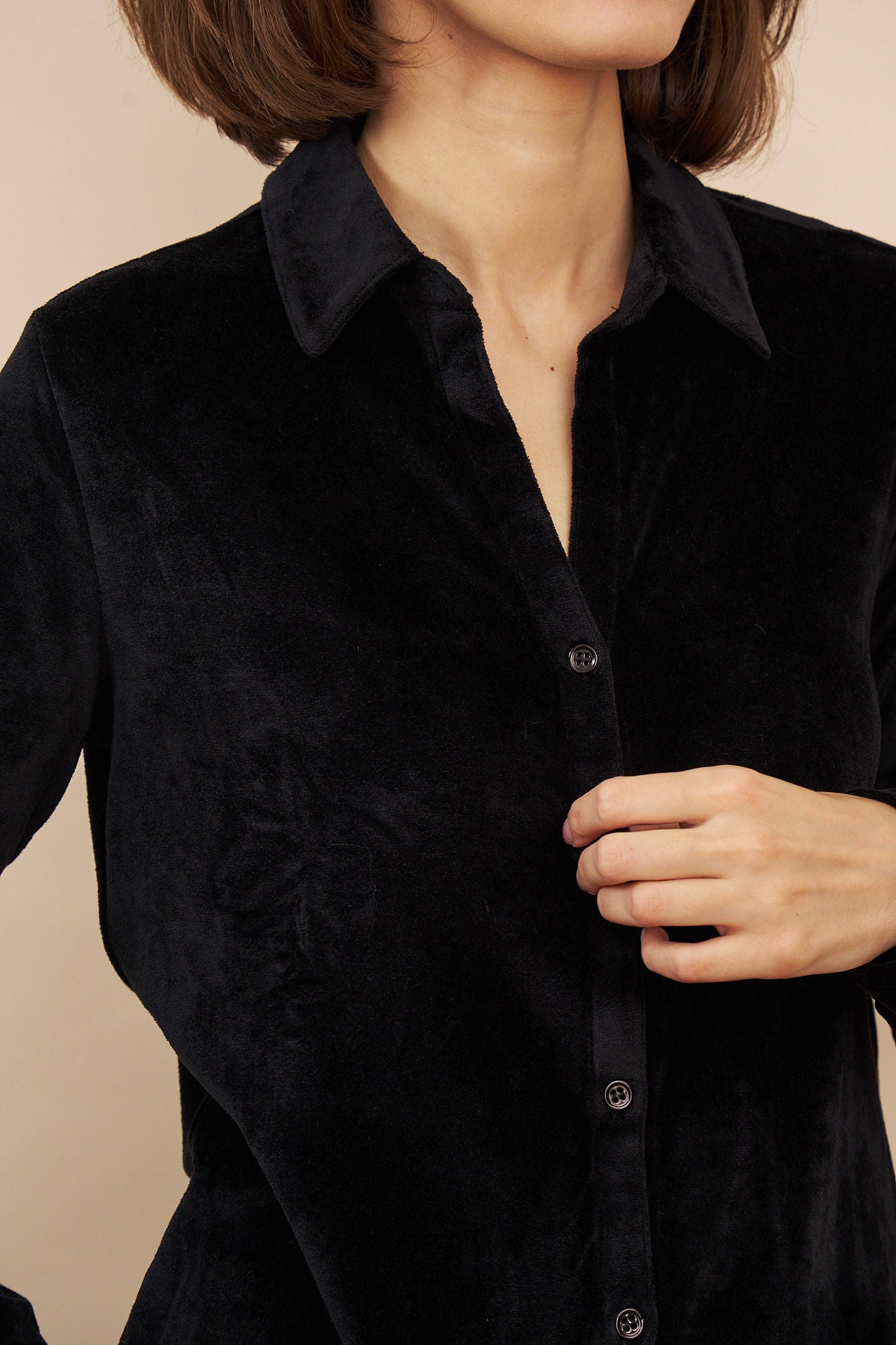 Velour Long Sleeve Button Down in Noir
