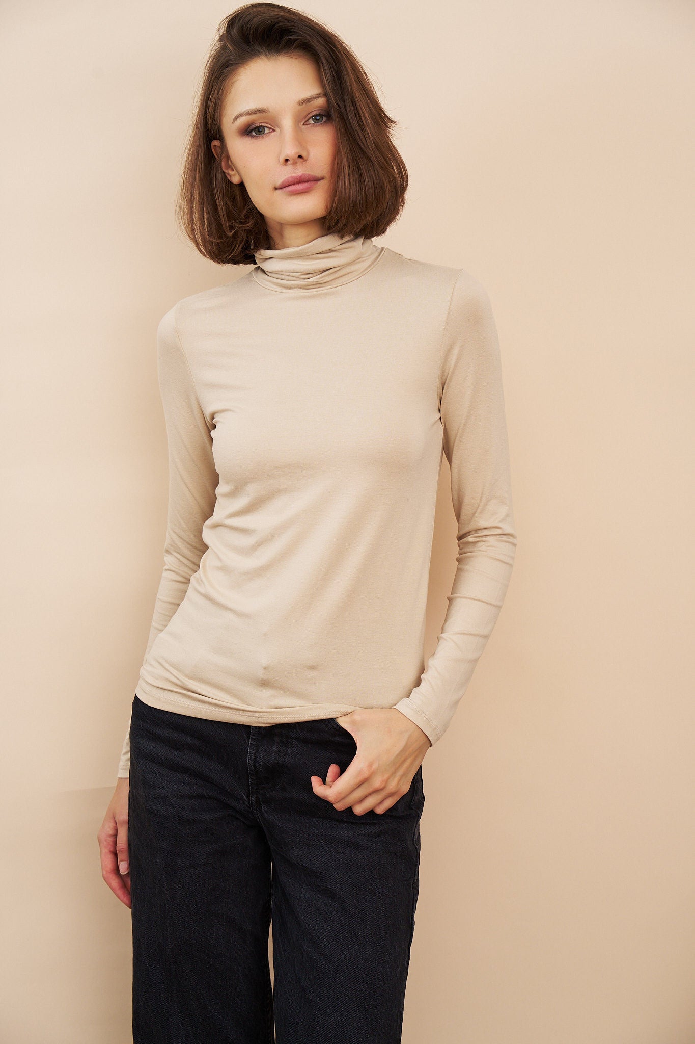 Majestic Soft Touch Long Sleeve Turtleneck in Ficelle