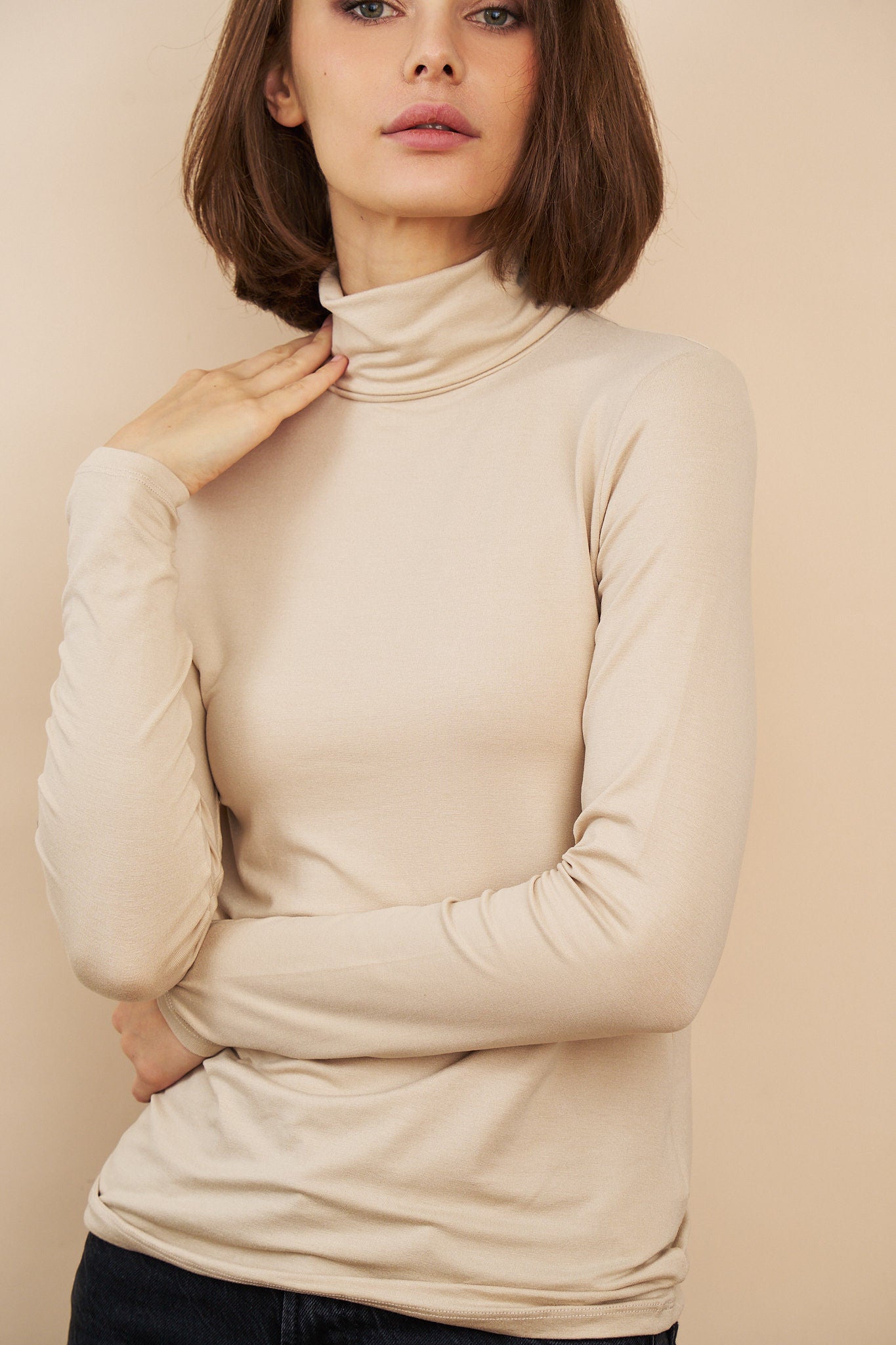 Majestic Soft Touch Long Sleeve Turtleneck in Ficelle