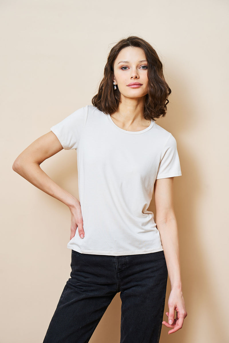 Soft Touch Short Sleeve Semi Relaxed Crewneck in Cream