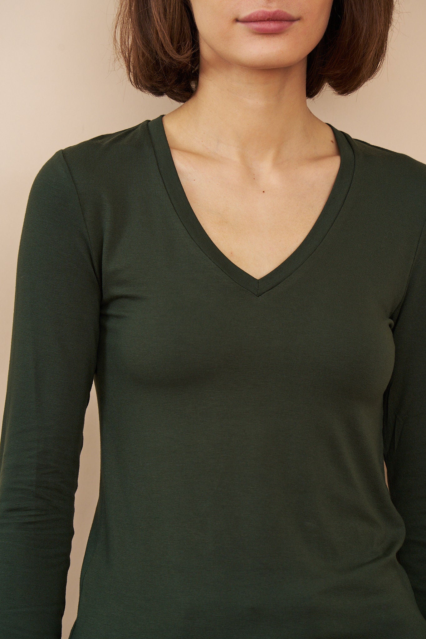 Majestic Long Sleeve Viscose V-Neck Tee in Forest