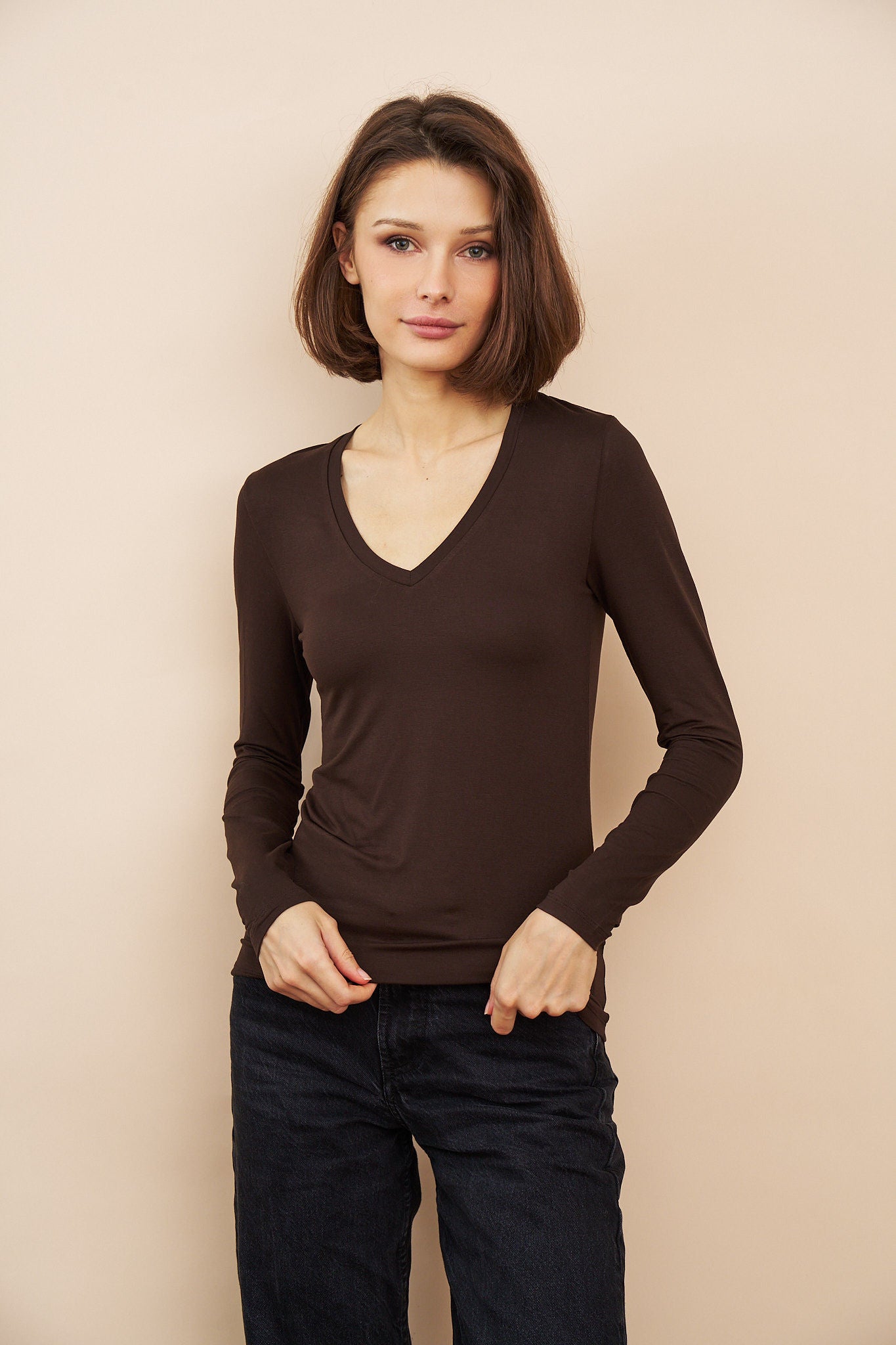 Majestic Long Sleeve Viscose V-Neck Tee in Coffee
