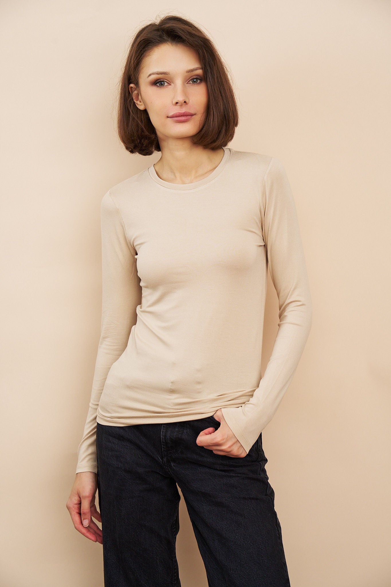 Majestic Long Sleeve Soft Touch Viscose Crewneck in Ficelle