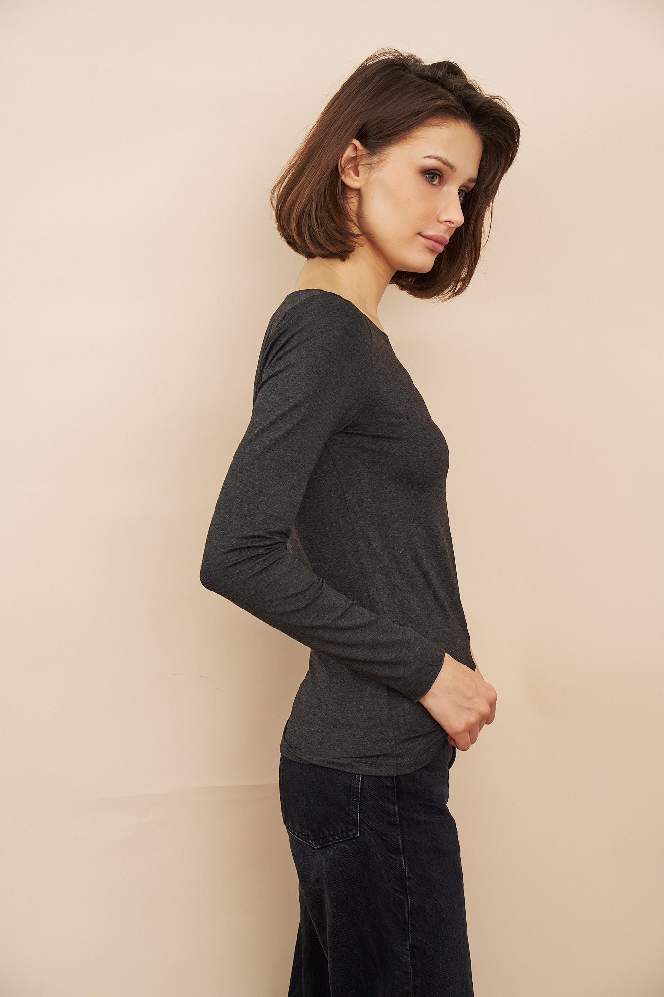 Majestic Soft Touch Long Sleeve Boatneck in Anthracite Chine