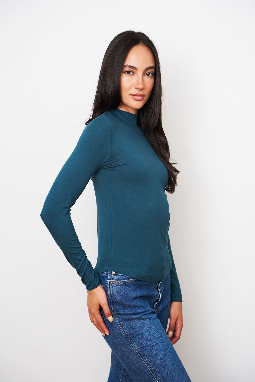 Soft Touch Long Sleeve Mock Neck Turtleneck in High Sea