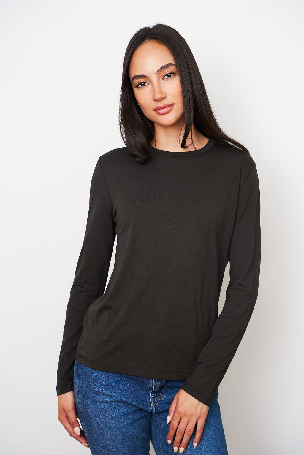 Lyocell Cotton Long Sleeve Semi Relaxed Crewneck in Coffee – Clothes By ...