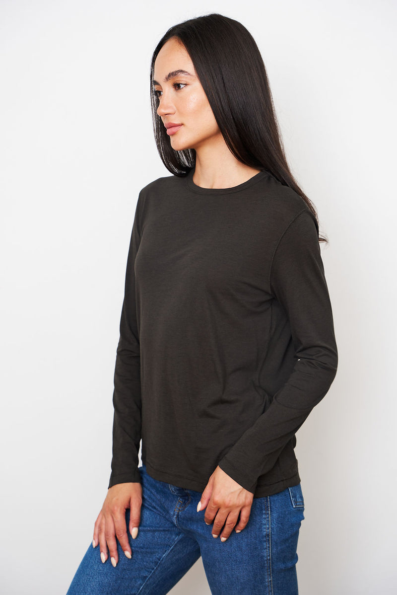 Lyocell Cotton Long Sleeve Semi Relaxed Crewneck in Coffee