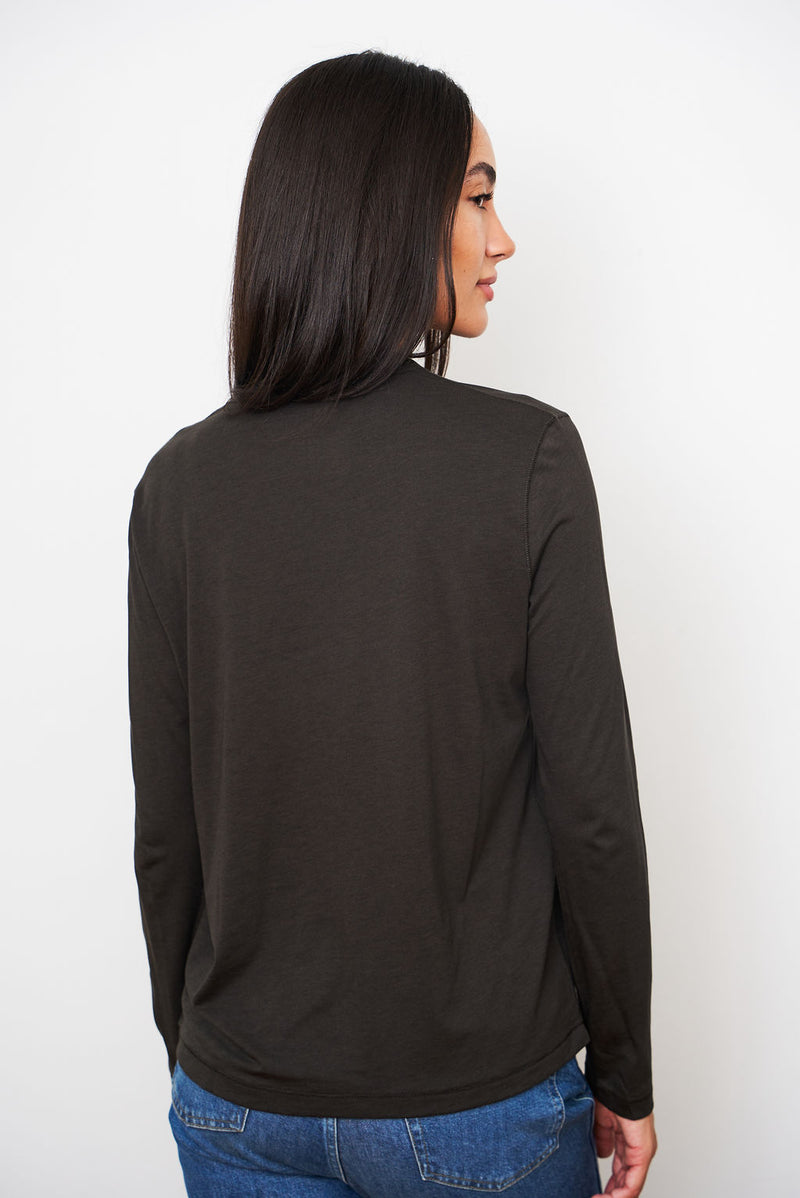 Lyocell Cotton Long Sleeve Semi Relaxed Crewneck in Coffee