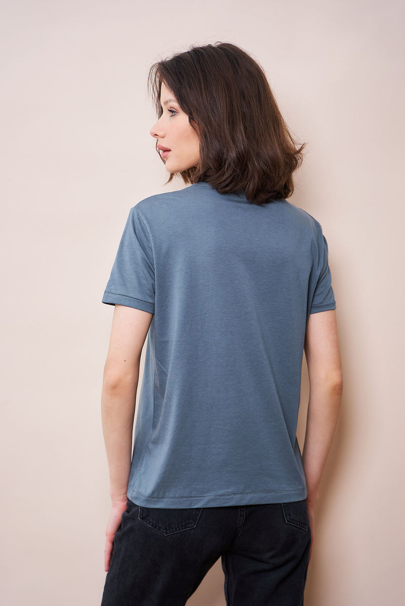 Majestic Lyocell Cotton Semi Relaxed Short Sleeve Crewneck in Gris Bleu