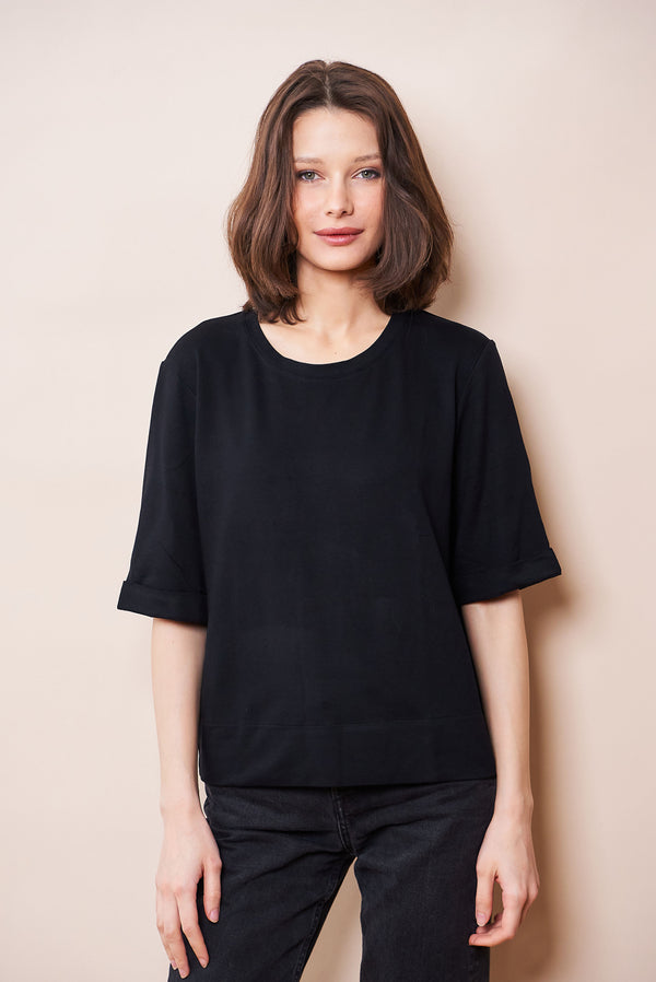 French Terry Semi Relaxed Elbow Sleeve Pullover in Noir