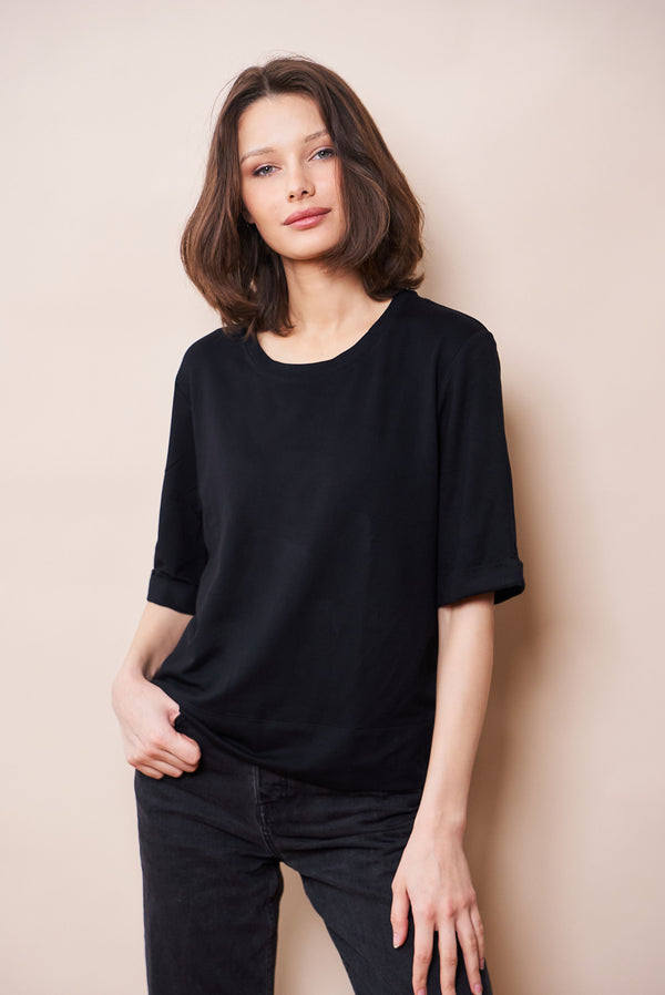 French Terry Semi Relaxed Elbow Sleeve Pullover in Noir