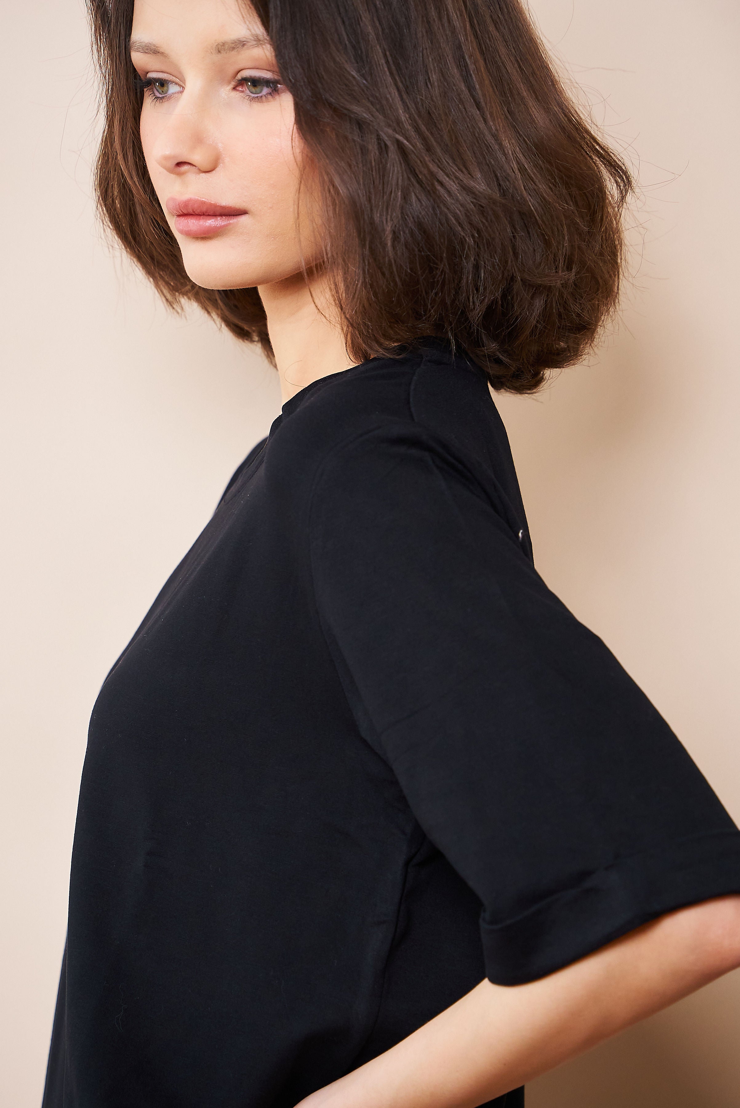 French Terry Semi Relaxed Elbow Sleeve Pullover in Noir