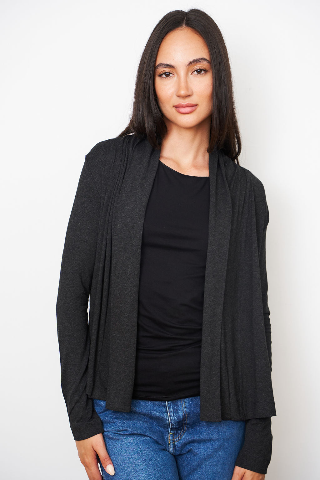 Soft Touch Open Cardigan in Dark Gray