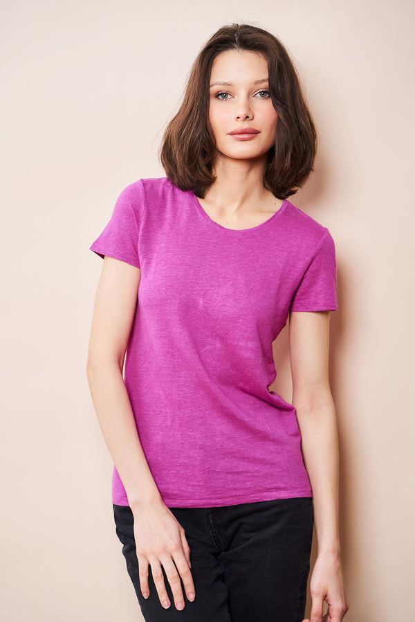 Majestic Stretch Linen Short Sleeve Crewneck in Orchide