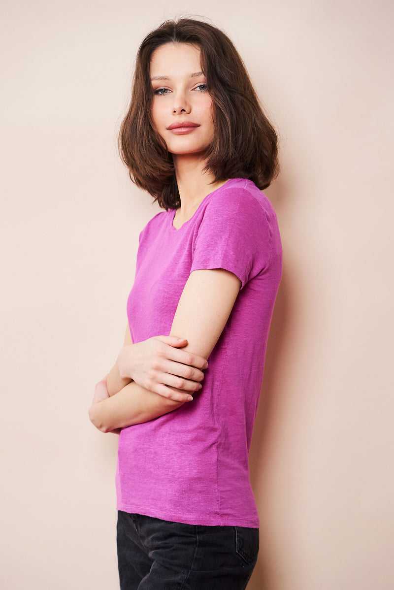 Majestic Stretch Linen Short Sleeve Crewneck in Orchide