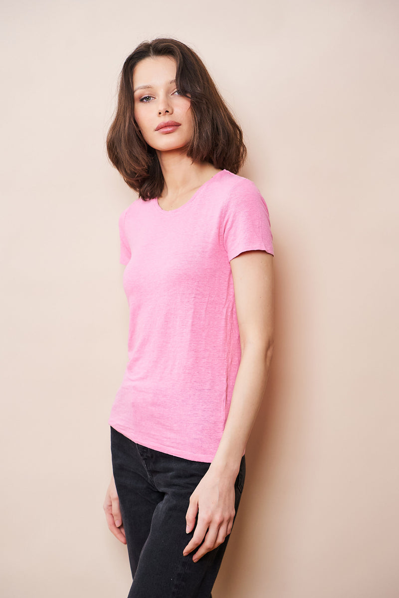 Majestic Stretch Linen Short Sleeve Crewneck in Candy Pink