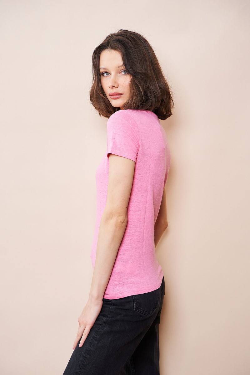 Majestic Stretch Linen Short Sleeve Crewneck in Candy Pink