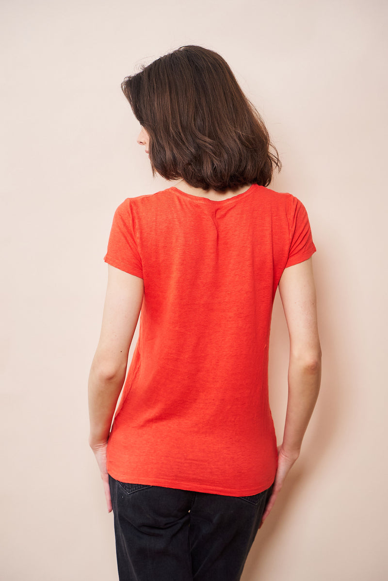 Majestic Stretch Linen Short Sleeve V-Neck in Orange
