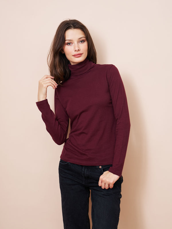 Majestic Long Sleeve Cotton/Cashmere Turtleneck in Prune