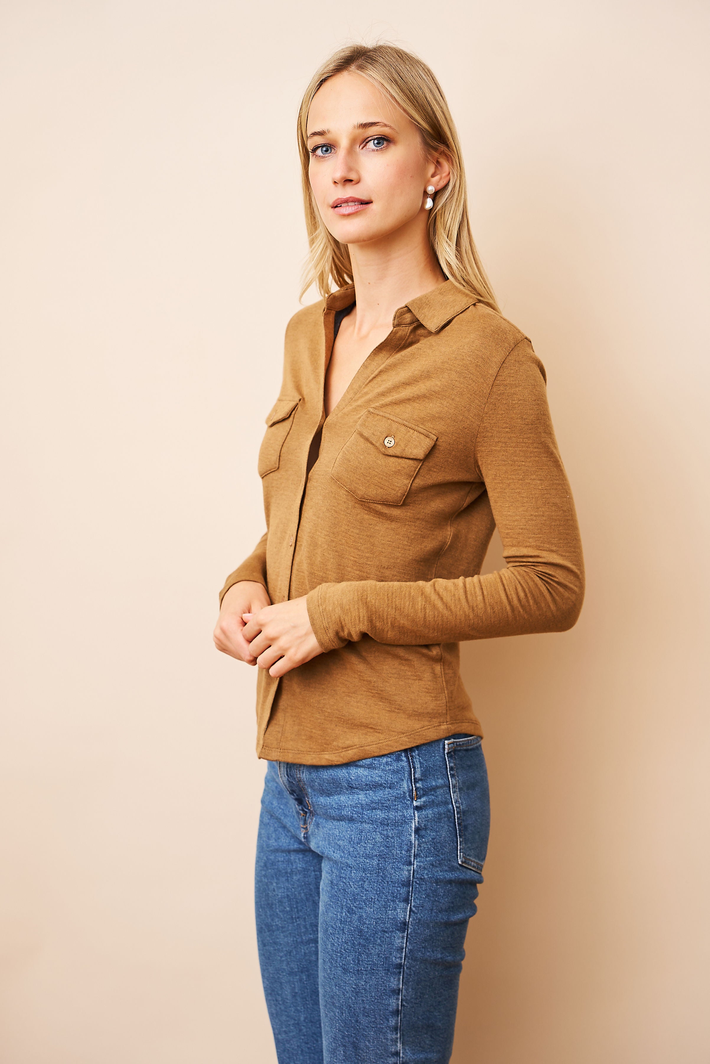 Majestic Double Face Cotton/Cashmere Pocket Shirt in Camel