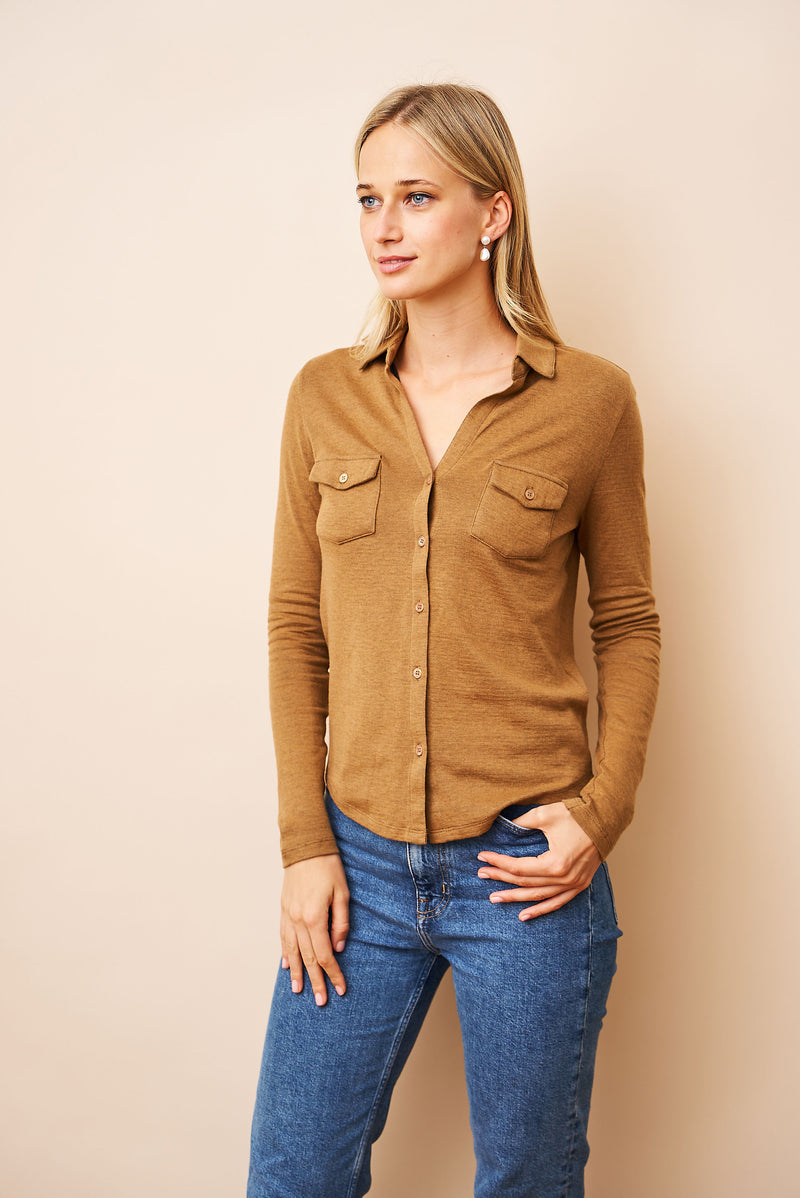 Majestic Double Face Cotton/Cashmere Pocket Shirt in Camel
