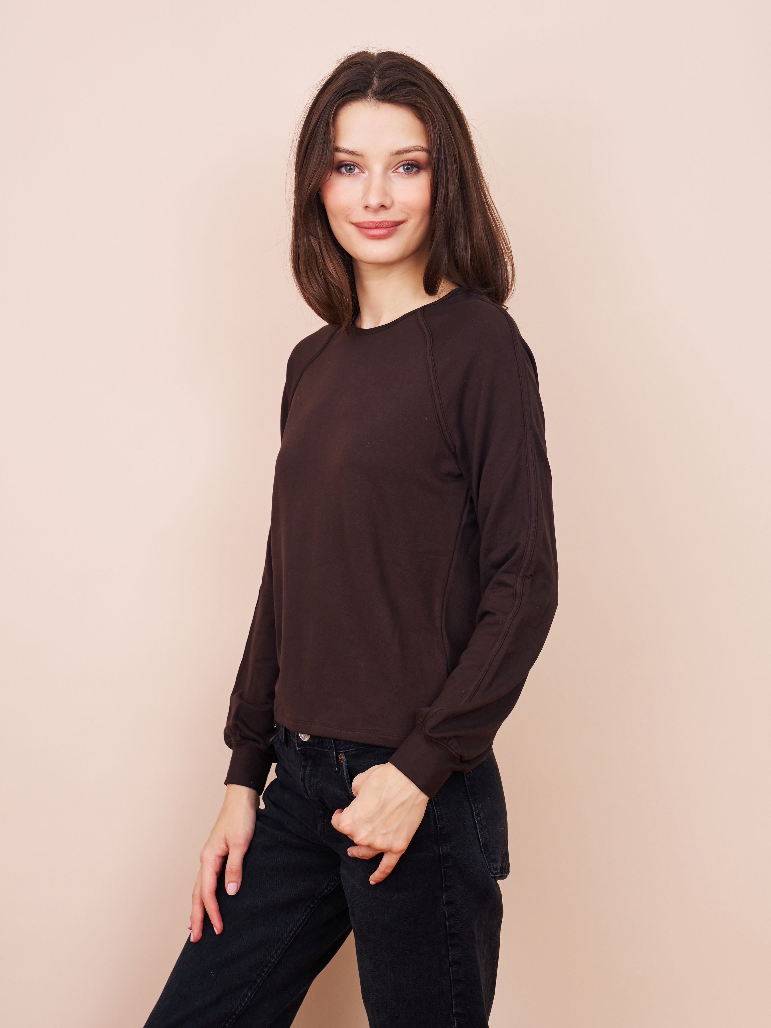 Majestic French Terry Long Sleeve Crewneck in Coffee